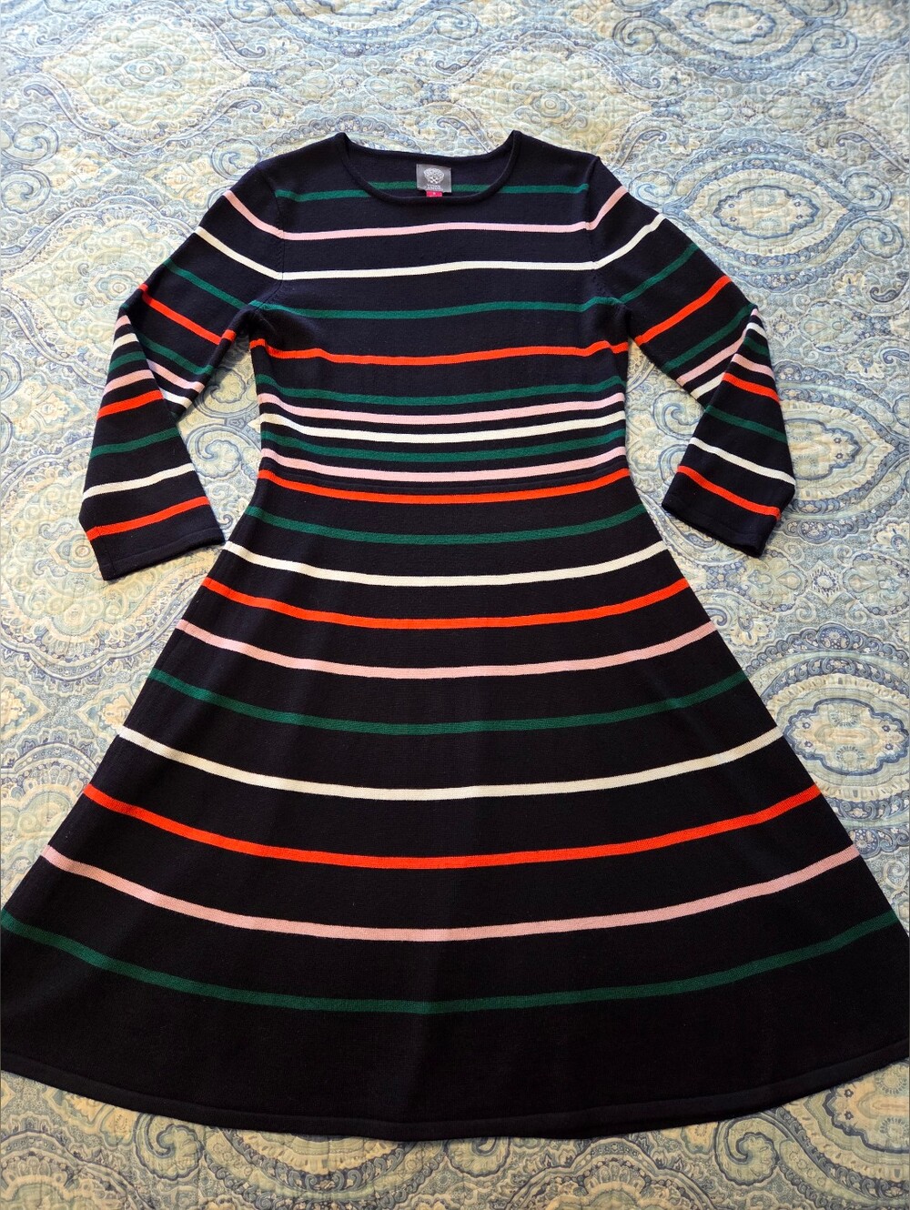 Vince Camuto Striped Ottoman Knit Fit & Flare Sweater Dress Medium Fall Winter